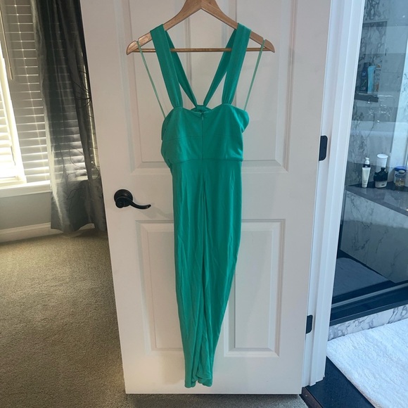 REBECCA VALLANCE Riccardo Ruched Cutout Jersey Midi Dress {$590} Turquoise Sz 2 - Picture 6 of 8